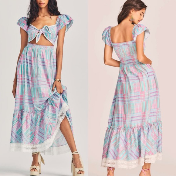 LoveShackFancy Emeka Plaid Cutout Maxi Dress Gingham Pastel Small Preowned - Picture 2 of 12
